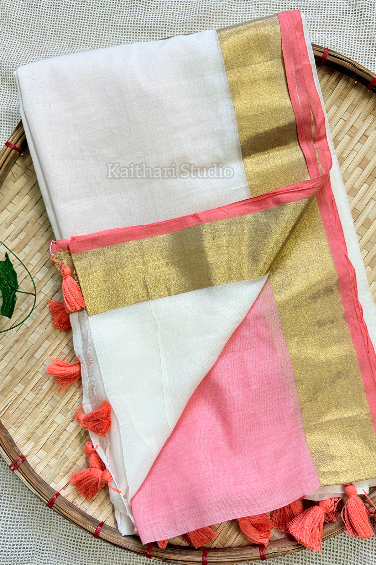 Onam Special Mul Cotton – Peach Border- KS062
