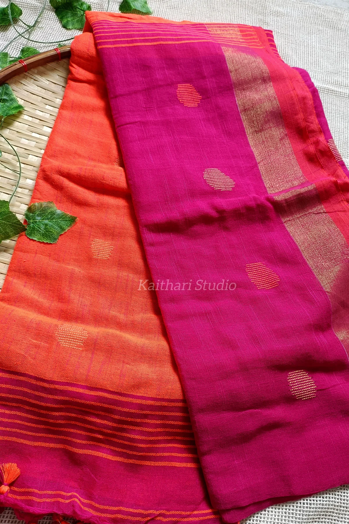 Ball Butta Khadi cotton – Pink with Orange – <span>KS012</span>