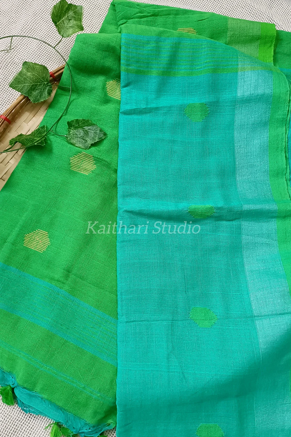 Ball Butta Khadi cotton – Sea blue with Green – <span>KS015</span>