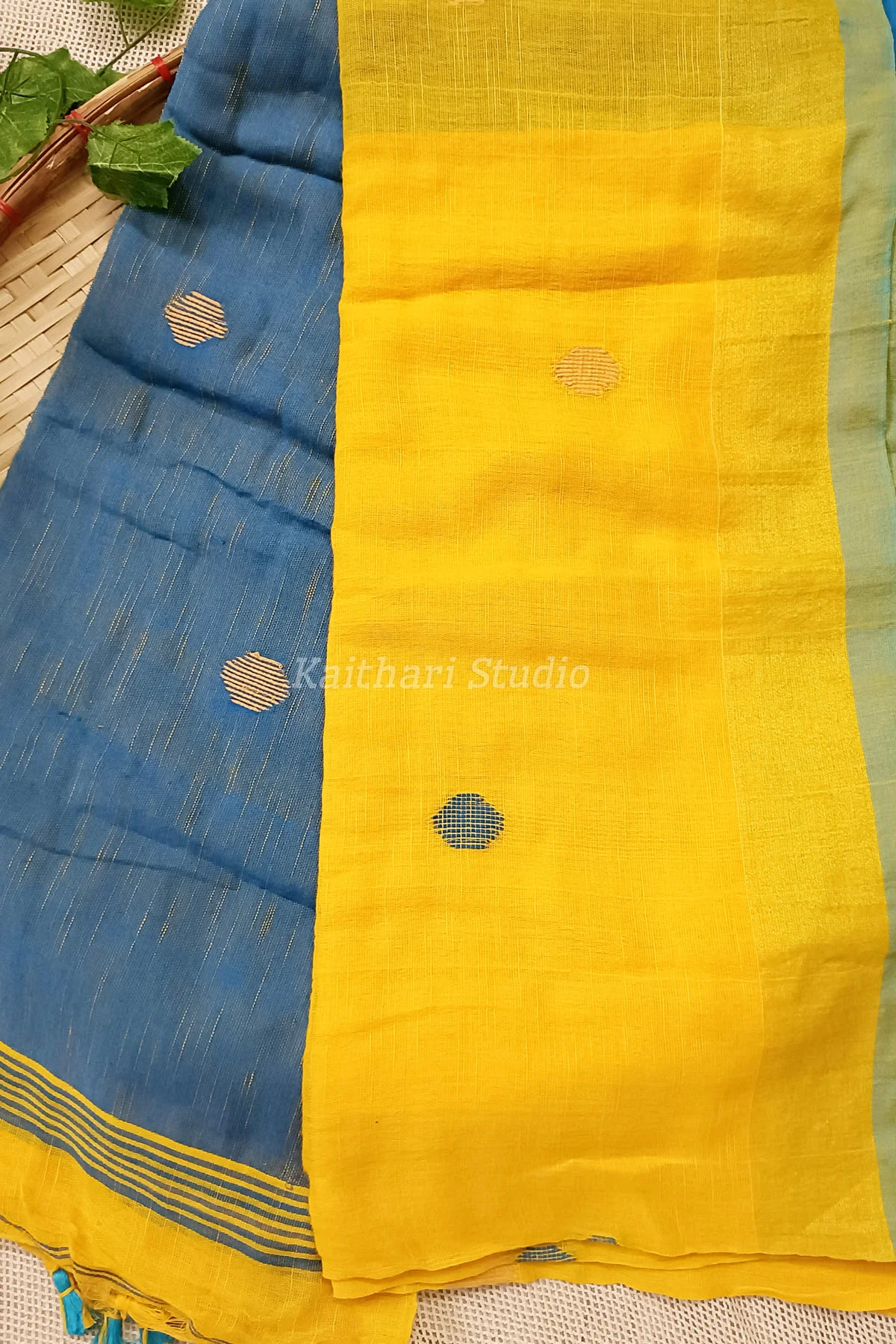 Ball Butta Khadi cotton – Yellow with Blue – KS017